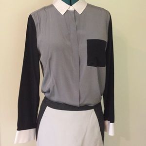 DKNY grey color block silk blouse